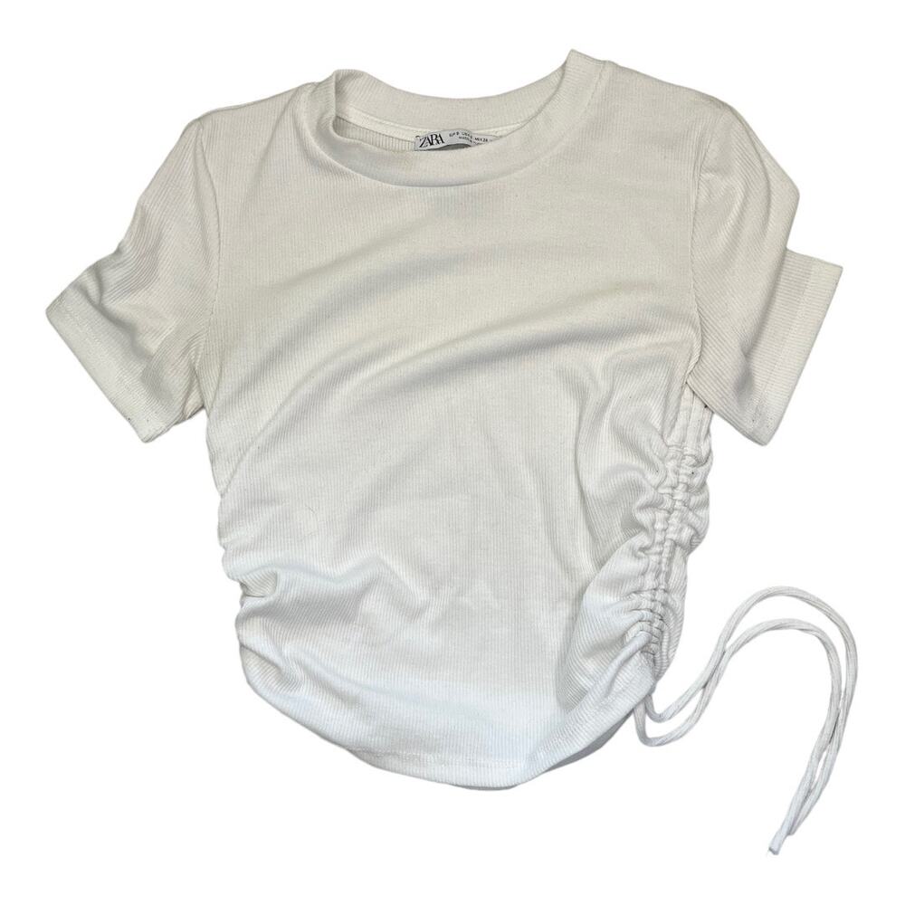 Zara white ribbed knit crop top cinch tie sides Small gently used